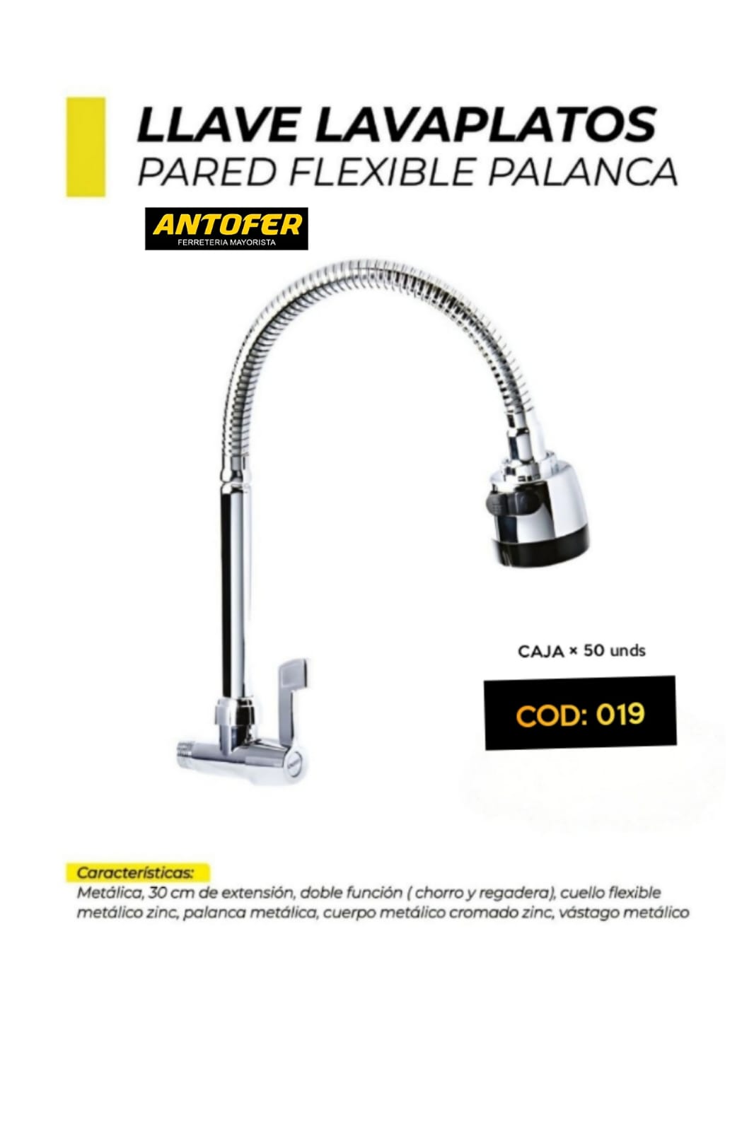 LLAVE LAVAPLATOS PARED FLEXIBLE PALANCA CAJA 50 UNIDADES