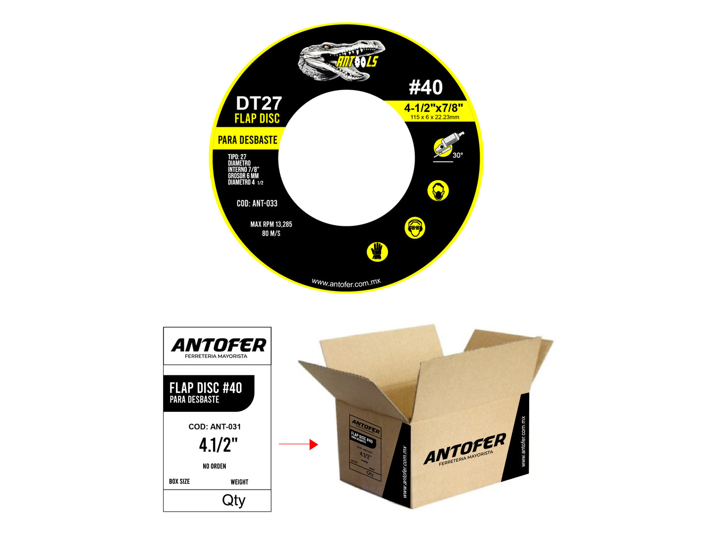 DISCO FLAB DE 4.5 NO.40 DESBASTE ANTOOLS CAJA 300 UNIDADES