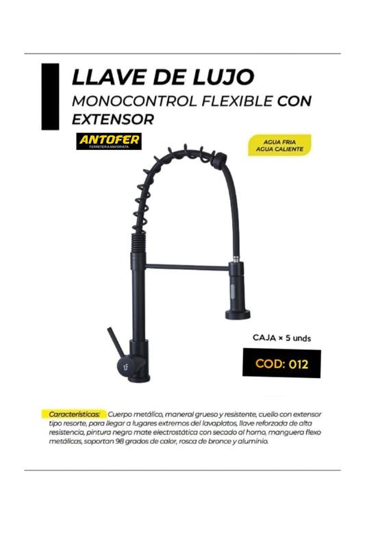 LLAVE DE LUJO MONOCONTROL FLEXIBLE CON EXTENSOR CAJA 5 UNIDADES