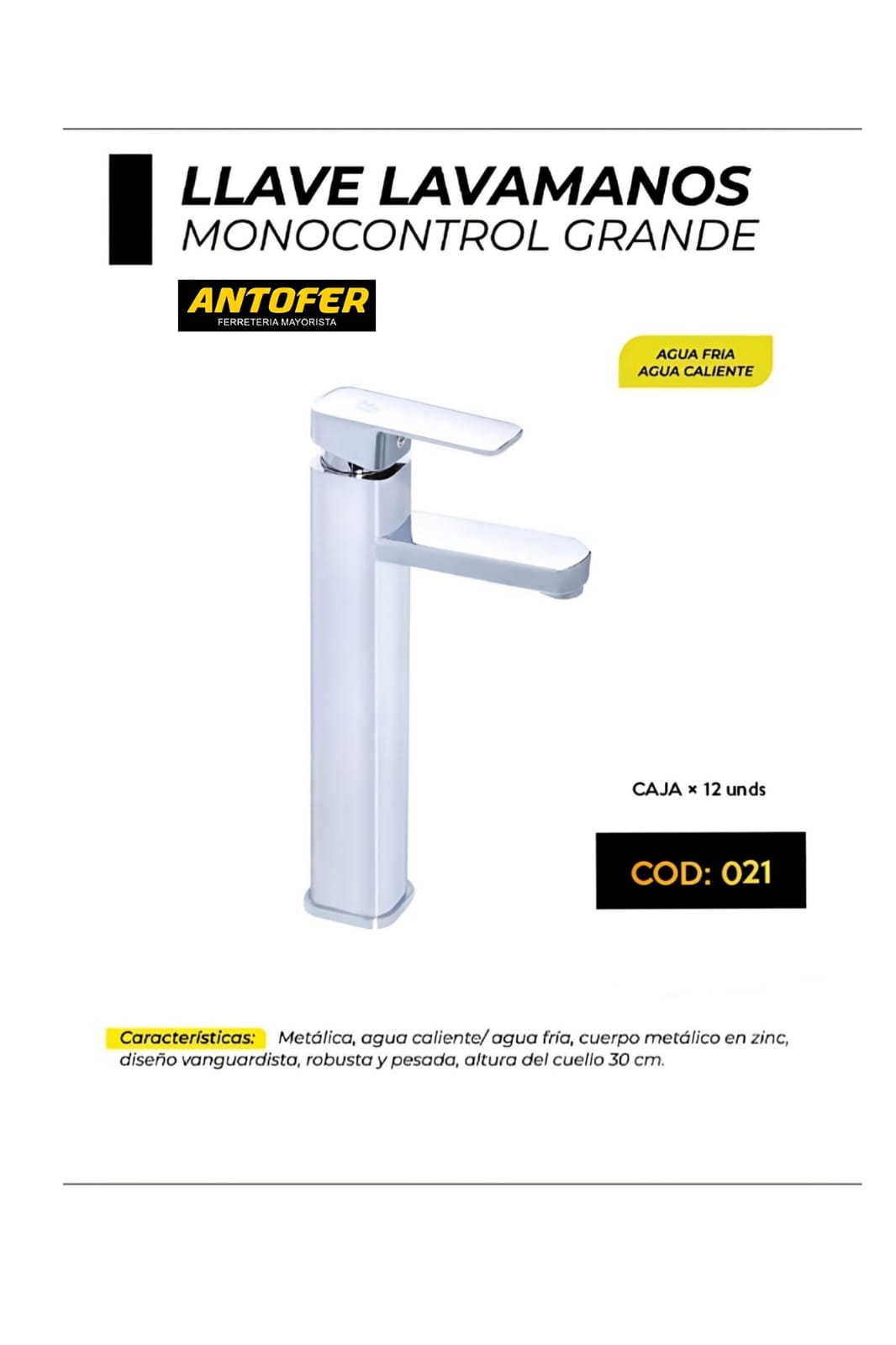 LLAVE LAVAMANOS MONOCONTROL GRANDE CAJA 15 UNIDADES