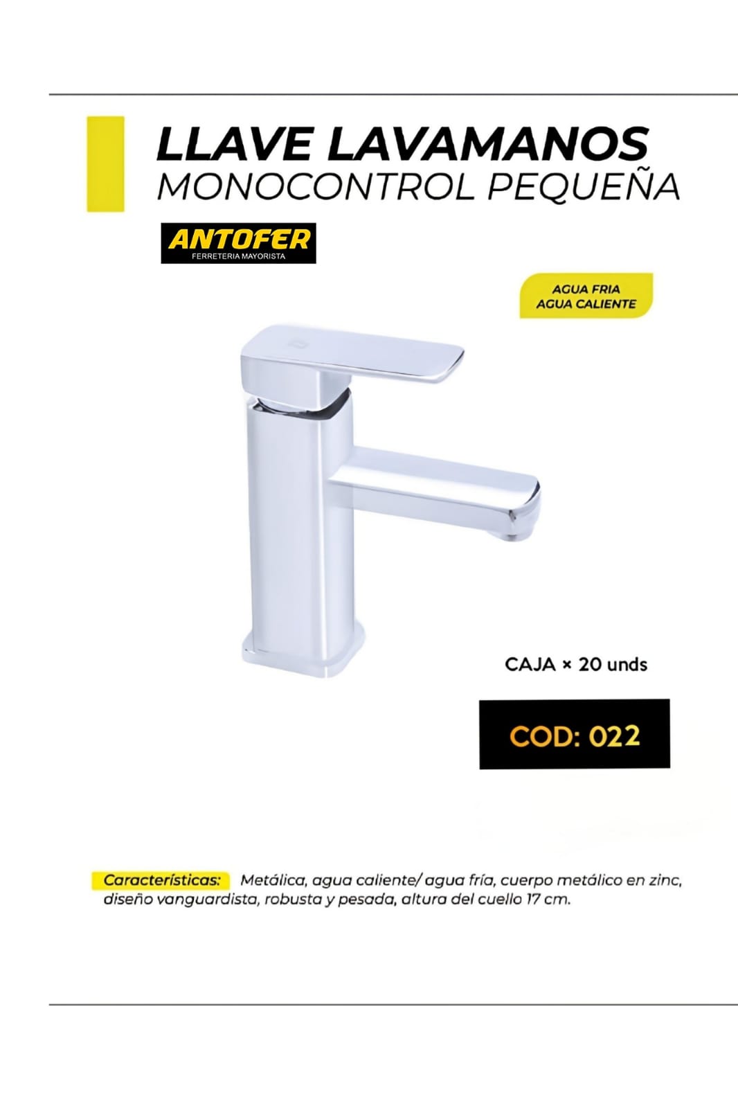 LLAVE LAVAMANOS MONOCONTROL PEQUENA CAJA 20 UNIDADES