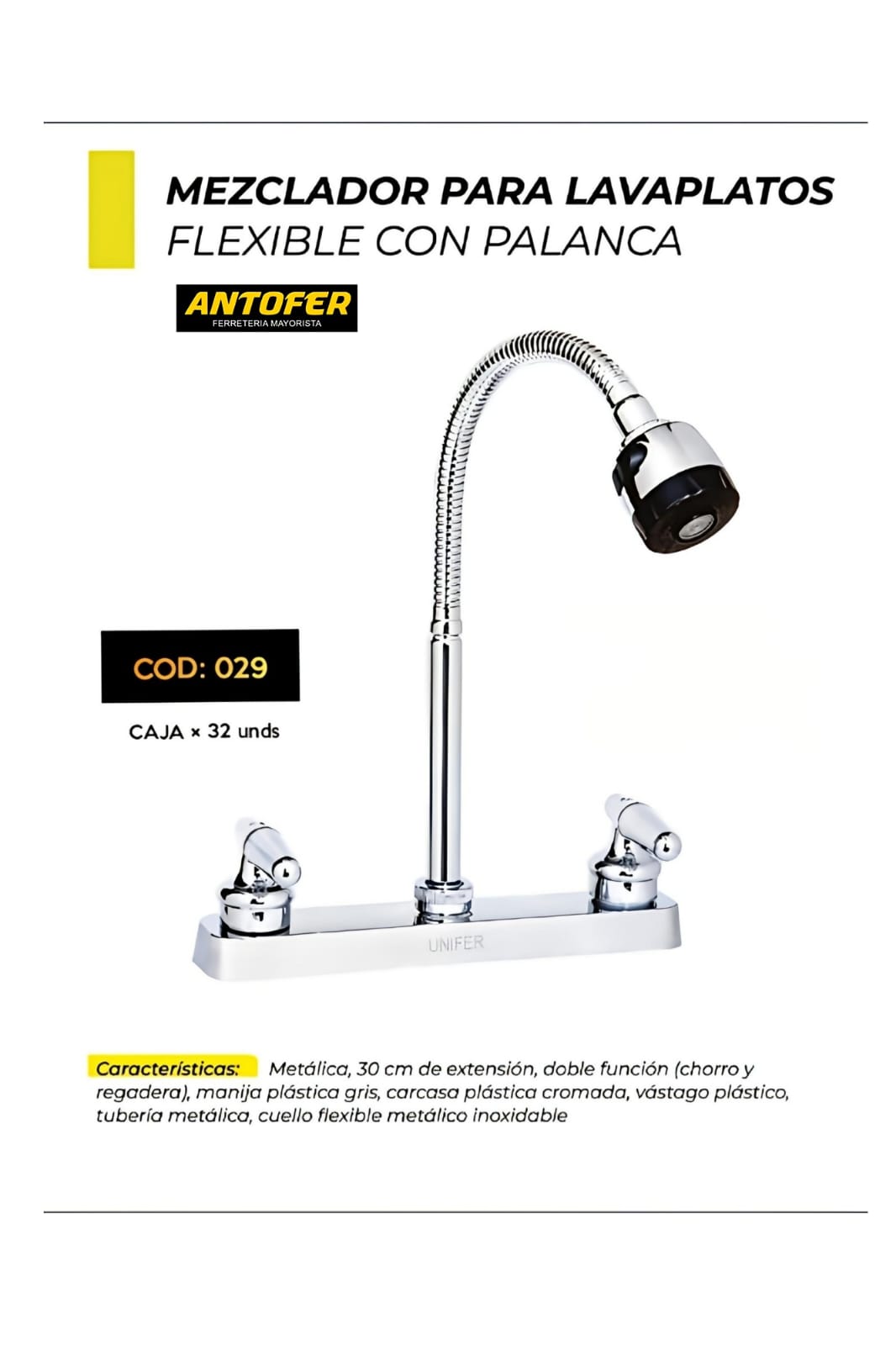 MEZCLADOR PARA LAVAPLATOS FLEXIBLE CON PALANCA CAJA 20 UNIDADES