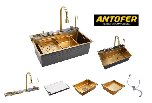 FREGADERO SUS 304 ANT-065 GOLD JUEGO COMPLETO CAJA 1 UNIDAD