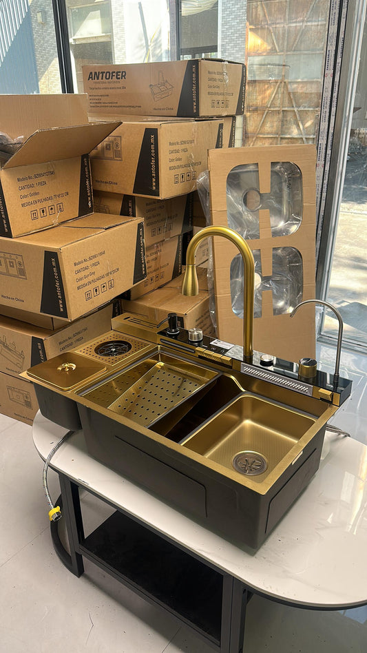 FREGADERO SUS 304 ANT-063 GOLD JUEGO COMPLETO CAJA 1 UNIDAD